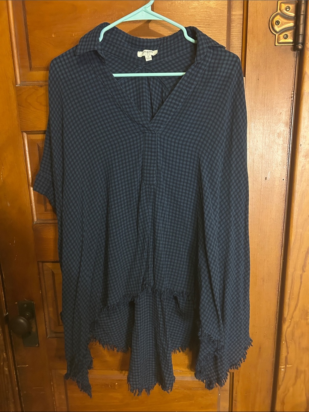 Umgee Navy Checked V-Neck Tunic with Frayed Hem